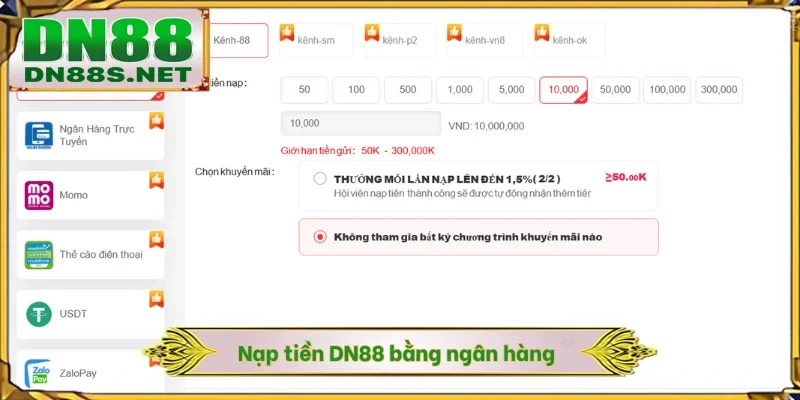 Nạp tiền DN88 bằng ngân hàng